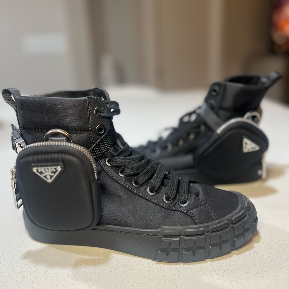 Prada Black High-Top Sneakers with Prada Pouch